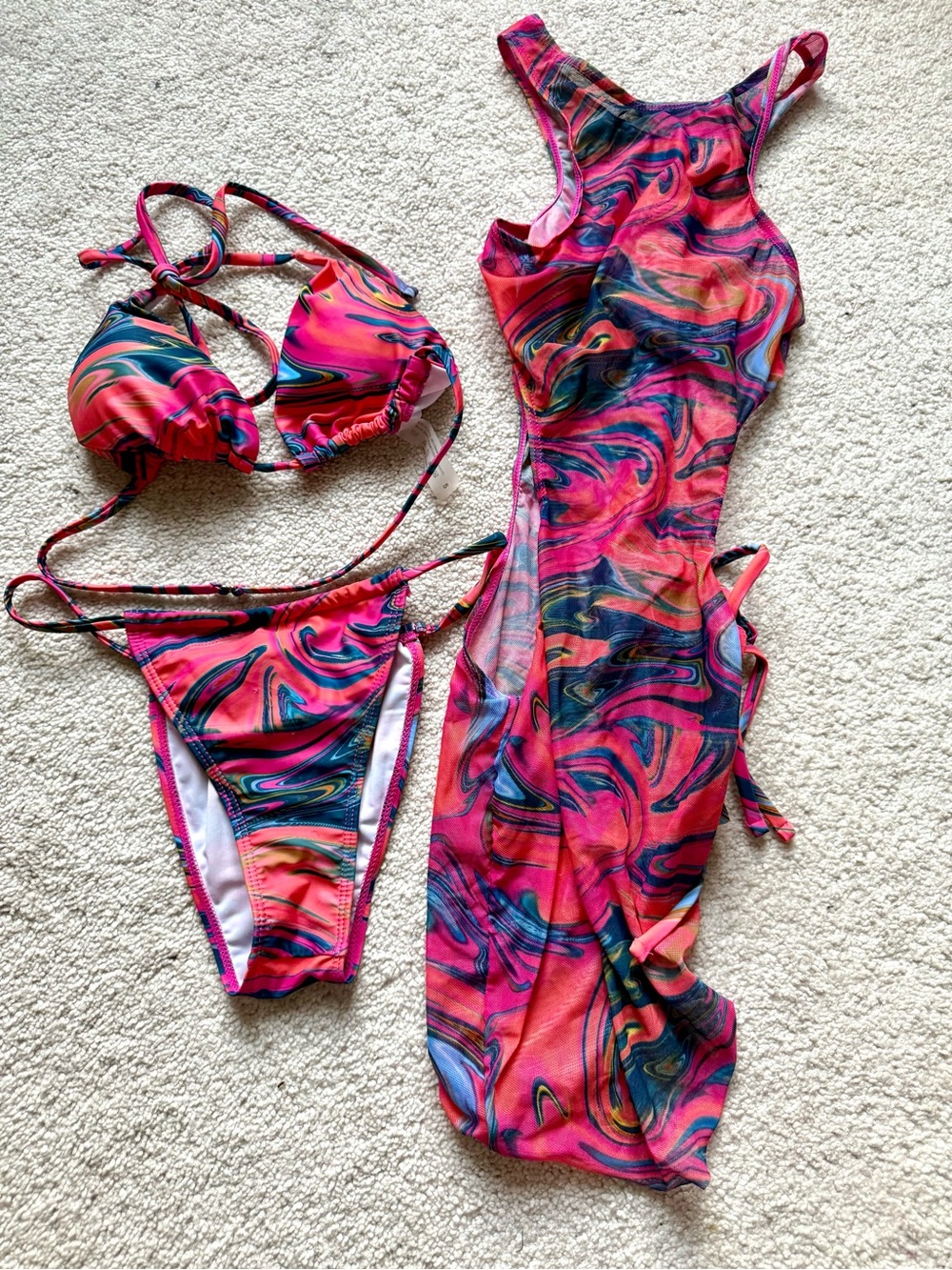 Vibrant Pink Swirl Bikini Set with Matching Cover-Up Dress